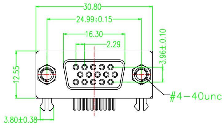D-SUB DB15 High Density connector female horizontaal PCB afmetingen